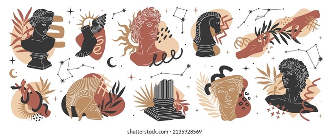 Ancient frame bundle with sign and symbols. Antique aesthetics statues of mystical god, olive branches, plants, hands, stars, ruined columns, horse. Greek statues in modern style