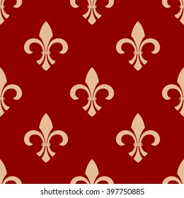 Ancient french floral royal seamless pattern with beige ornament of fleur-de-lis elements on red background. Vintage interior accessories or textile themes design