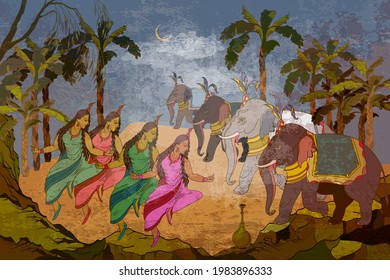 Ancient frescoes. Gods of India. Ramayana. Dancing goddesses in the jungle. Religion. Hinduism. Traditional indian mural paintings style. Old Asian culture. Mythology, tradition and history