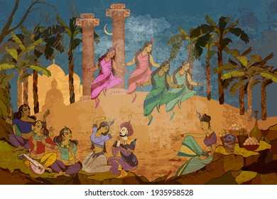 Ancient frescoes. Religion. Hinduism. Traditional indian mural paintings style. Old Asian culture. Mythology, tradition and history. Gods of India. Ramayana. Dancing goddesses in the jungle 