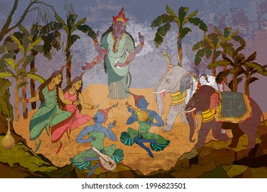 Ancient frescoes. Religion. Hinduism. Traditional indian mural paintings style. Gods of India. Ramayana. Old Asian culture. Mythology, tradition and history 