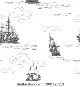 Ancient frigate, seamless pattern graphic hand drawing. Sea or ocean transport, marine pirates theme. Vector