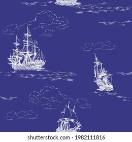 Ancient frigate, seamless pattern graphic hand drawing. Sea or ocean transport, marine pirates theme. Vector