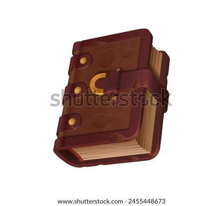 Ancient game book or fantasy magic manuscript and spellbook, vector cartoon GUI element. Wizard spell book in leather cover with closed buckle lock for old Medieval fantasy or mystery game UI