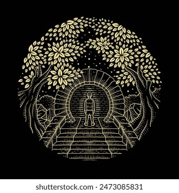 Ancient Gate to Another Dimension in a Haunted Forest in Hand-Drawn Engraving and Pointillism Style