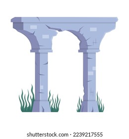 Ancient gates of Atlantis vector illustration. Stone building or monument of lost city underwater at bottom of ocean isolated on white background. Architecture concept