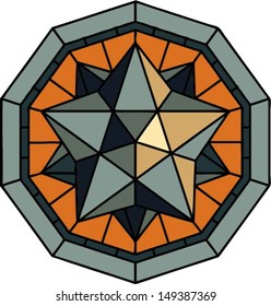 Ancient geometric decor element, Roman style, 3D effect decagon ornament, vector illustration in stained glass window style