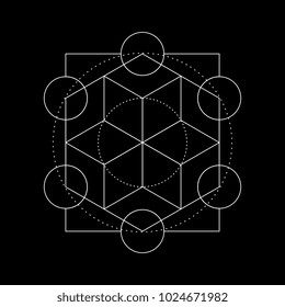 Ancient geometric mandala abstract line. Unique shape trendy. Isolated in dark background.