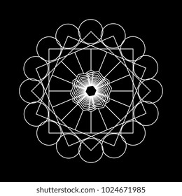 Ancient geometric mandala abstract line. Unique shape trendy. Isolated in dark background.