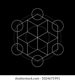 Ancient geometric mandala abstract line. Unique shape trendy. Isolated in dark background.