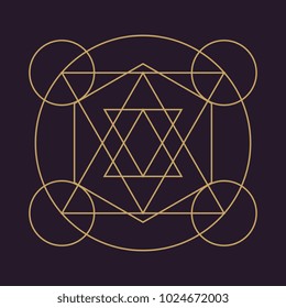 Ancient geometric mandala abstract line. Unique shape trendy. Isolated in dark background.
