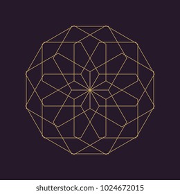 Ancient geometric mandala abstract line. Unique shape trendy. Isolated in dark background.