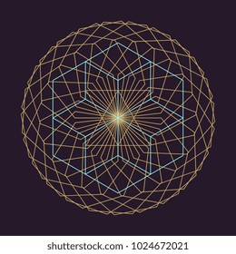 Ancient geometric mandala abstract line. Unique shape trendy. Isolated in dark background.