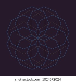 Ancient geometric mandala abstract line. Unique shape trendy. Isolated in dark background.