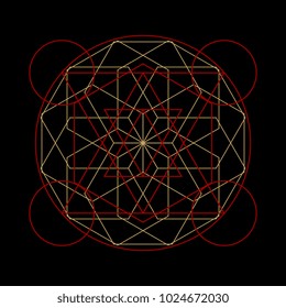 Ancient geometric mandala abstract line. Unique shape trendy. Isolated in dark background.