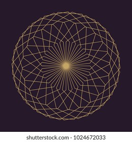 Ancient geometric mandala abstract line. Unique shape trendy. Isolated in dark background.