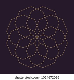 Ancient geometric mandala abstract line. Unique shape trendy. Isolated in dark background.