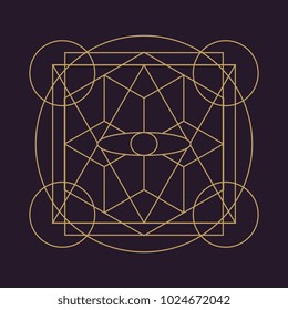 Ancient geometric mandala abstract line. Unique shape trendy. Isolated in dark background.