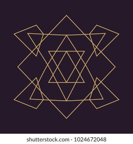 Ancient geometric mandala abstract line. Unique shape trendy. Isolated in dark background.