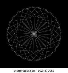 Ancient geometric mandala abstract line. Unique shape trendy. Isolated in dark background.
