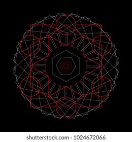 Ancient geometric mandala abstract line. Unique shape trendy. Isolated in dark background.