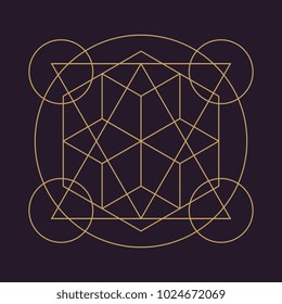 Ancient geometric mandala abstract line. Unique shape trendy. Isolated in dark background.