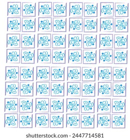 Ancient geometric pattern in blue on a white background. Stacked spirals, polka dots and square frame. Fill, Shape, Pattern, Tile.