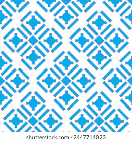 Ancient geometric pattern in blue with watercolor borders. Repeating pattern, composite tile of several objects. Ancient, pattern, shape, blue and white