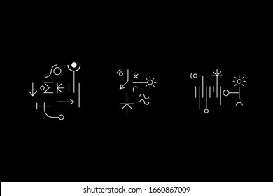Ancient geometry symbol set with circles, lines, crosses and figures. Cave drawings. UFO signs. Design symbols for logic, metroidvania and indie games. Vector stock illustration.