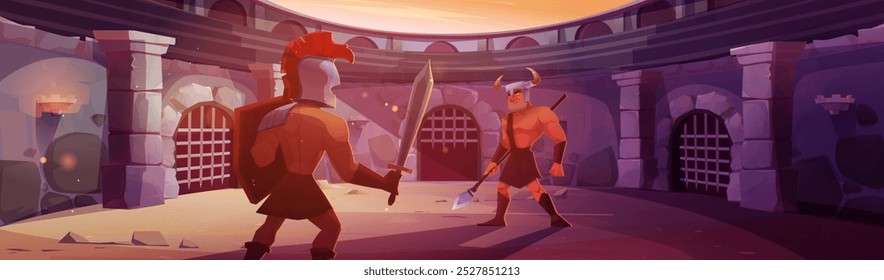 Ancient gladiator warriors in helmets, with sword and spear fighting on roman round arena with lattice gates, stone walls and sandy floor. Cartoon vector Medieval spartan soldier battle competition.