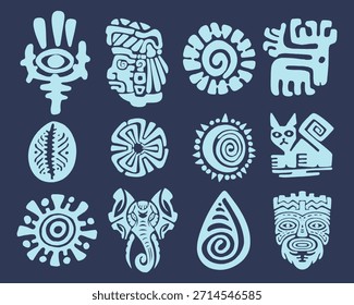 Los antiguos glifos establecen la Colección del Paquete. Una disposición cautivadora de glifos intrincados y simbólicos. La colección de las obras de arte místicas y el patrimonio cultural