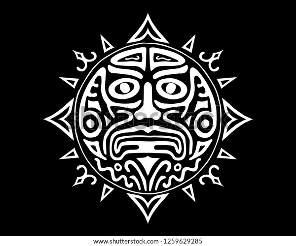 Ancient God Face vector illustration. South\
American Inca, Mayan, Aztec symbol of the Sun. Tattoo design.\
Tribal magic spell emblem. Native sacred shamanic mystic element.\
Traditional drawing
