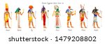 Ancient god goddess from Egypt icon set. Amun Ra, Bastet, Isis, Osiris, Thoth, Horus, Anubis. Egyptian deity. Old painting style with realistic cartoon element. Vector illustration isolated on white