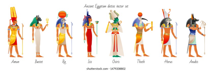 Ancient god goddess from Egypt icon set. Amun Ra, Bastet, Isis, Osiris, Thoth, Horus, Anubis. Egyptian deity. Old painting style with realistic cartoon element. Vector illustration isolated on white