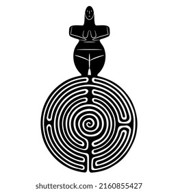 Ancient goddess standing on top of a round spiral maze or labyrinth symbol. Great Mother archetype. Black and white negative silhouette.