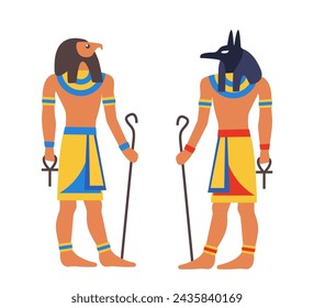 Ancient gods from Egypt. Horus, Anubis. Egyptian deity. Old painting style. Vector illustration