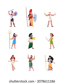 Ancient gods. Greek mythology pantheon characters hermes cupid hestia mars roman history olympus persons garish vector flat illustrations