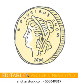 Ancient gold coin. Editable line drawing. Stock vector illustration.