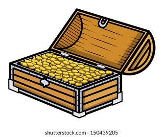 Ancient Gold Coin Filled Box - Cartoon Vector Illustration