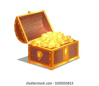 Ancient gold coins in heavy open wooden chest. Precious treasure with star sign on it. Heap of old metal money in big solid chest vector illustration.