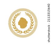 Ancient Gold Greek Coin with silhouette woman head, Laurel Wreath, border pattern vintage label badge emblem logo design vector