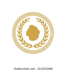 Ancient Gold Greek Coin with silhouette woman head, Laurel Wreath, border pattern vintage label badge emblem logo design vector