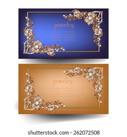 ancient gold jeweler frame with jewels.Banners, luxury backgrounds set, gold with diamonds. Vector.