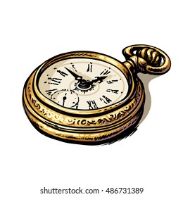 Ancient gold pocket watch. Hand drawn vector illustration isolated on white background.