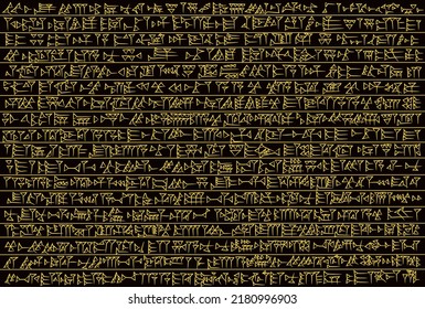 Ancient golden cuneiform sumerian alphabet pattern symbols over dark brown background. Ancient civillization and ancient culture concept