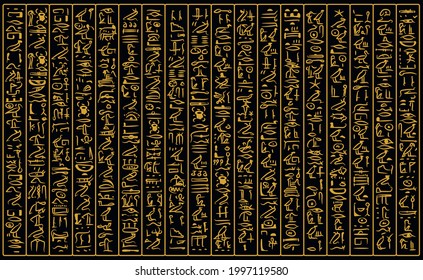 Ancient golden egyptian hieroglyphs alphabet pattern over black background. Ancient egyptian and ancient culture concept
