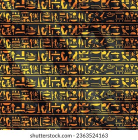 Ancient golden egyptian hieroglyphs alphabet pattern over black water color effect background seamless pattern