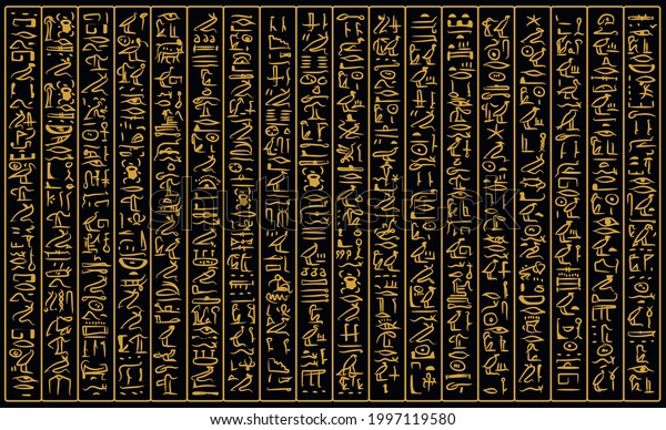 Ancient\
golden egyptian hieroglyphs alphabet pattern over black background.\
Ancient egyptian and ancient culture\
concept