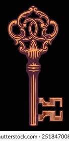 An ancient golden key. Editable hand drawn illustration. Vector vintage engraving. Isolated on black background. 8 EPS