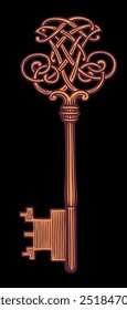 An ancient golden key. Editable hand drawn illustration. Vector vintage engraving. Isolated on black background. 8 EPS